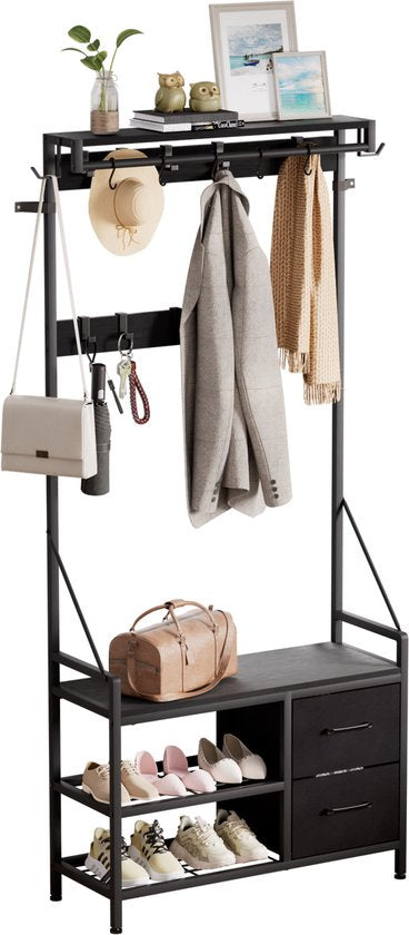 Casamoda Wandgarderobe - Garderoberek - Kapstok met Schoenenrek - Metaal / Hout - Zwart - 80 x 40 x 180 cm