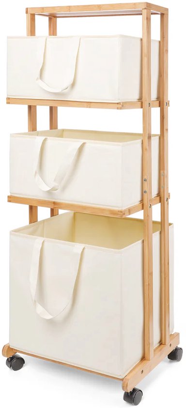 Nancy's Eleganca Wassorteerder 3 Vakken - Wasmand - Met Wieltjes - Bamboe - ± 40 x 35 x 120 cm