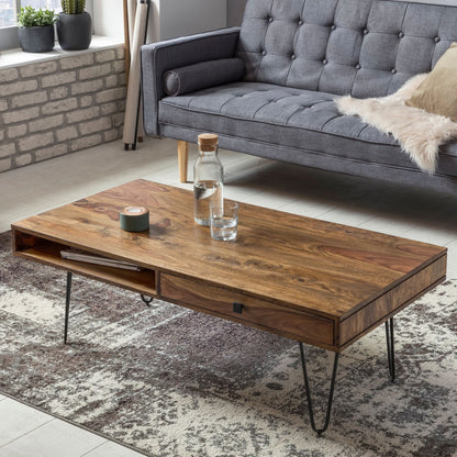 Nancy's Ussita Salontafel - Koffietafel - 2 Praktische Lades - Massief Sheeshamhout - 110 x 60 x 40 cm