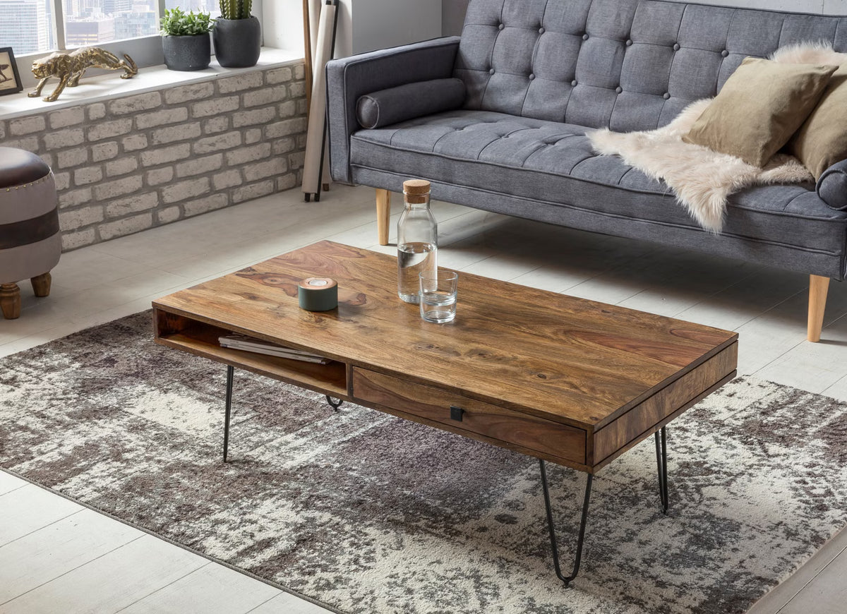 Nancy's Ussita Salontafel - Koffietafel - 2 Praktische Lades - Massief Sheeshamhout - 110 x 60 x 40 cm