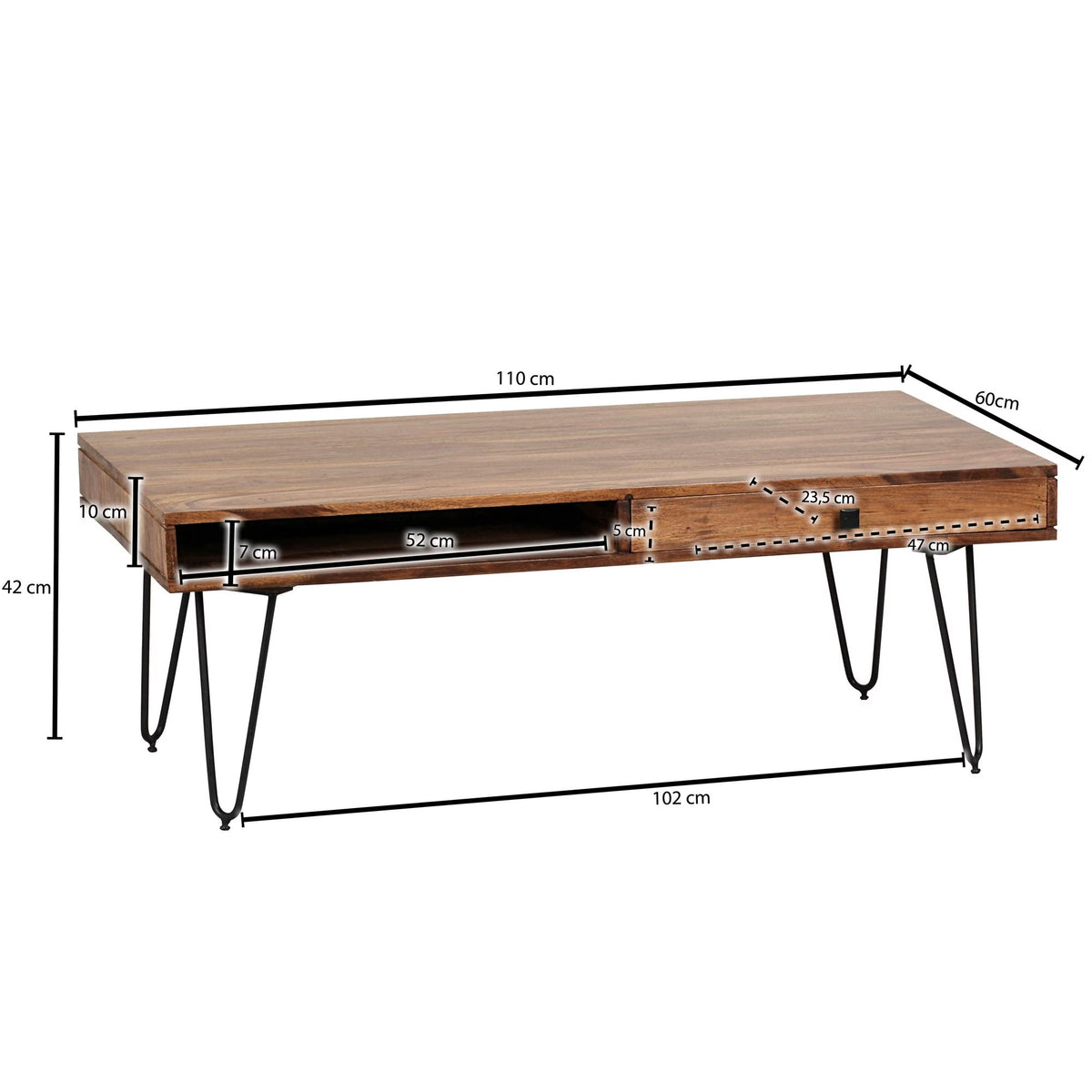 Nancy's Ussita Salontafel - Koffietafel - 2 Praktische Lades - Massief Sheeshamhout - 110 x 60 x 40 cm