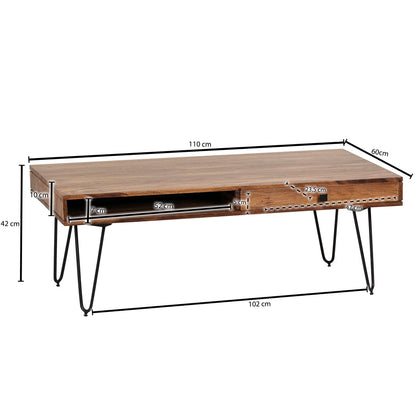 Nancy's Ussita Salontafel - Koffietafel - 2 Praktische Lades - Massief Sheeshamhout - 110 x 60 x 40 cm