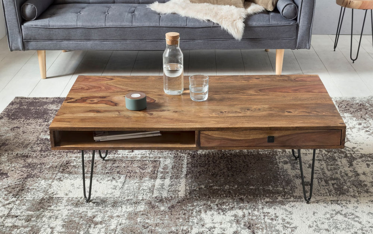 Nancy's Ussita Salontafel - Koffietafel - 2 Praktische Lades - Massief Sheeshamhout - 110 x 60 x 40 cm