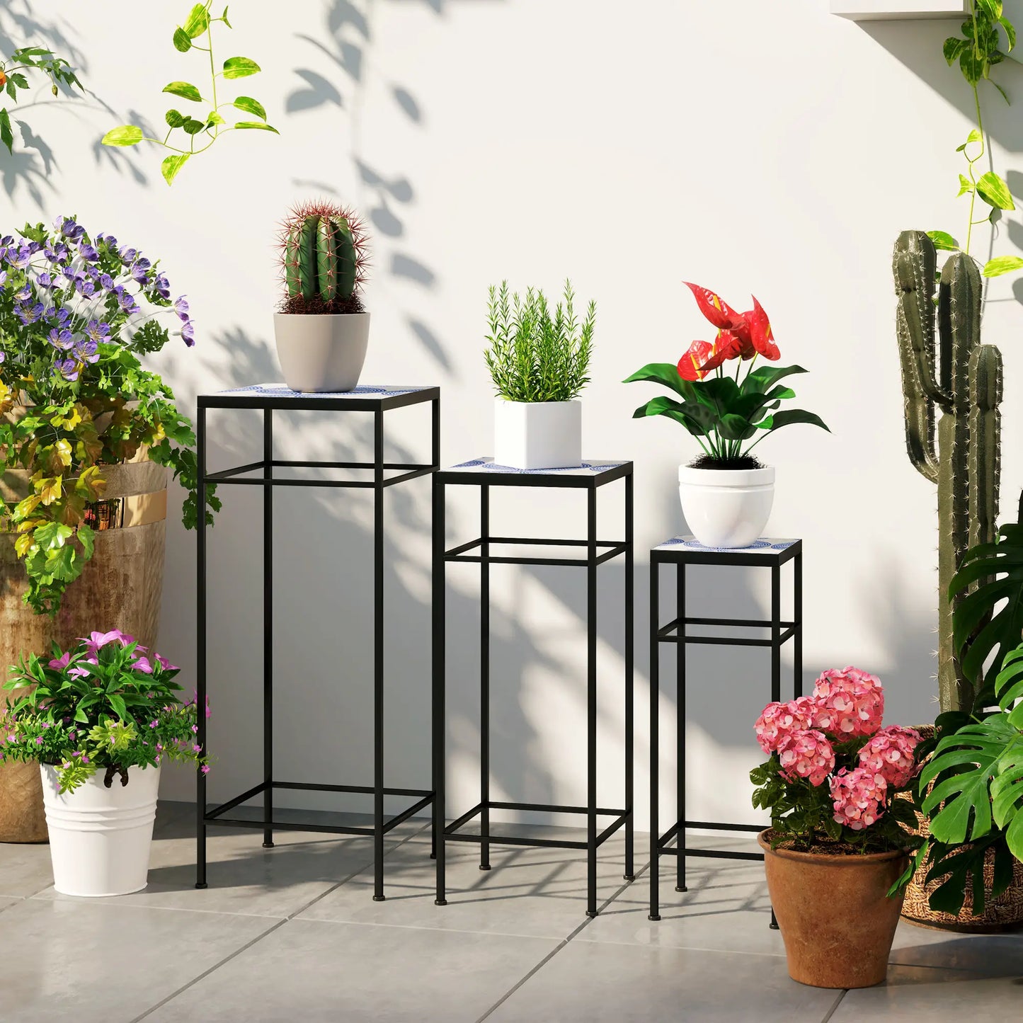 Nancy's Camaiore Plantenrek - Plantenstandaard - Bloemplank - Plantenzuil - Set van 3 - Blauw / Wit