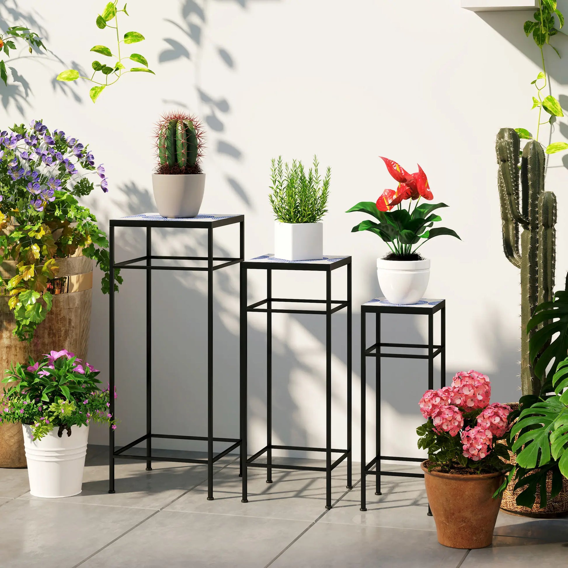 Nancy's Camaiore Plantenrek - Plantenstandaard - Bloemplank - Plantenzuil - Set van 3 - Blauw / Wit