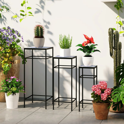 Nancy's Camaiore Plantenrek - Plantenstandaard - Bloemplank - Plantenzuil - Set van 3 - Blauw / Wit