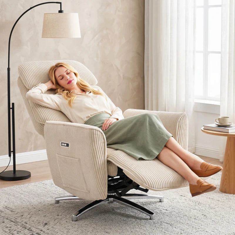 Nancy's Tarzo Elektrische Fauteuil - Relaxfauteuil - Relaxstoel - Draaibaar - Crèmewit / Zilver - Corduroy Look