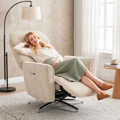 Nancy's Tarzo Elektrische Fauteuil - Relaxfauteuil - Relaxstoel - Draaibaar - Crèmewit / Zilver - Corduroy Look