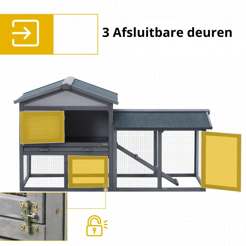 Nancy's Arkell Konijnenhok - Konijnenkooi - Dierenhok - Grijs / Wit - Sparrenhout - ± 145 x 55 x 85 cm