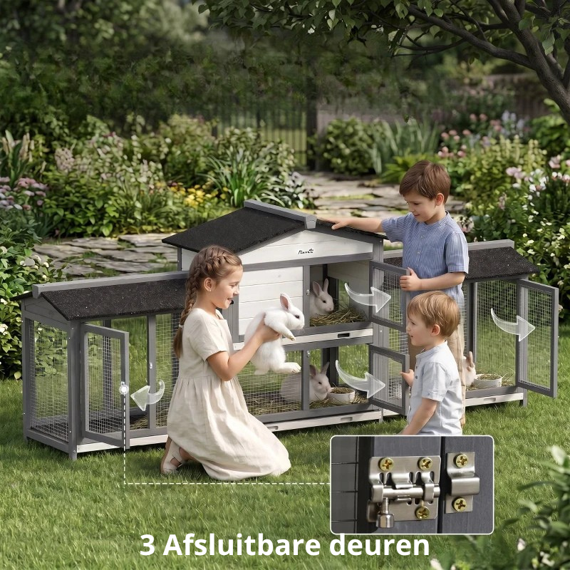 Nancy's Torgnon Konijnenhok - Konijnenverblijf - Grijs / Zwart - Dennenhout - ± 230 x 55 x 95 cm