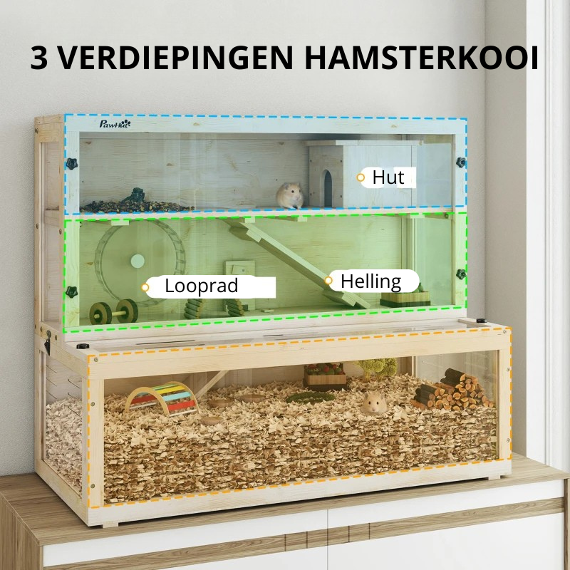 Nancy's Pontelatone Knaagdierkooi - Hamsterkooi - 3 Verdiepingen - Dennenhout - ± 100 x 50 x 85 cm
