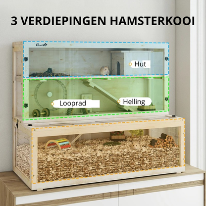Nancy's Pontelatone Knaagdierkooi - Hamsterkooi - 3 Verdiepingen - Dennenhout - ± 100 x 50 x 85 cm