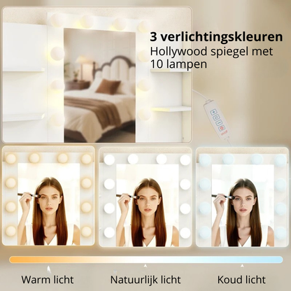 Nancy's Pontboset Kaptafel met Kruk - Make Up Tafel met Verlichting - Hollywood Spiegel - Wit - 120 x 40 x 140 cm