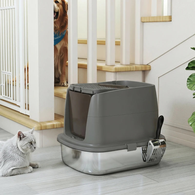 Nancy's Tambre Kattenbak - Katten WC - Katten Toilet - Aanpasbare opstelling - Grijs - RVS / Kunststof - ± 50 x 40 x 40 cm