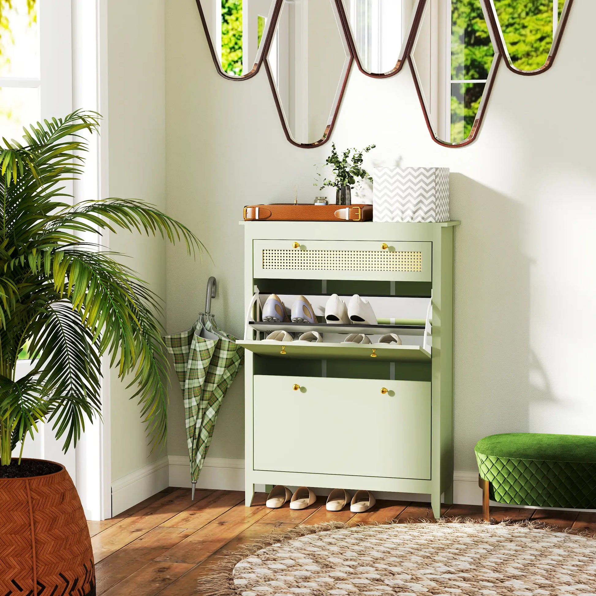 Nancy's Alvalade Commode - Sideboard - Opbergkast - Dressoir - Groen - Polyrattan - ± 90 x 30 x 120 cm