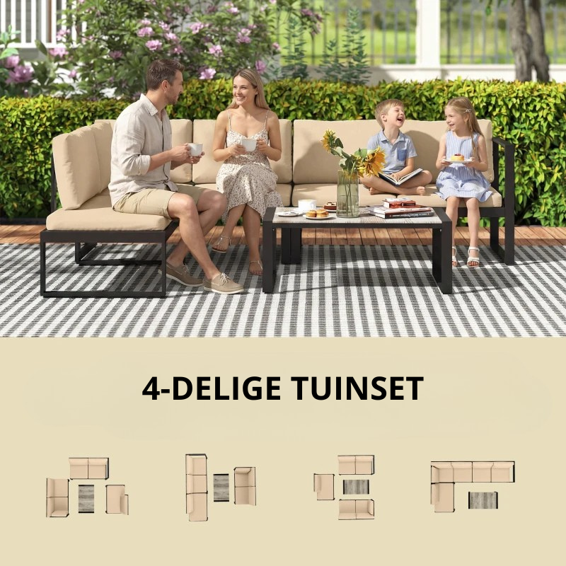 Nancy's Reitano Loungeset - Tuinset - Terrasset - 4-Delige Lounge Set - Zwart / Kaki / Grijs