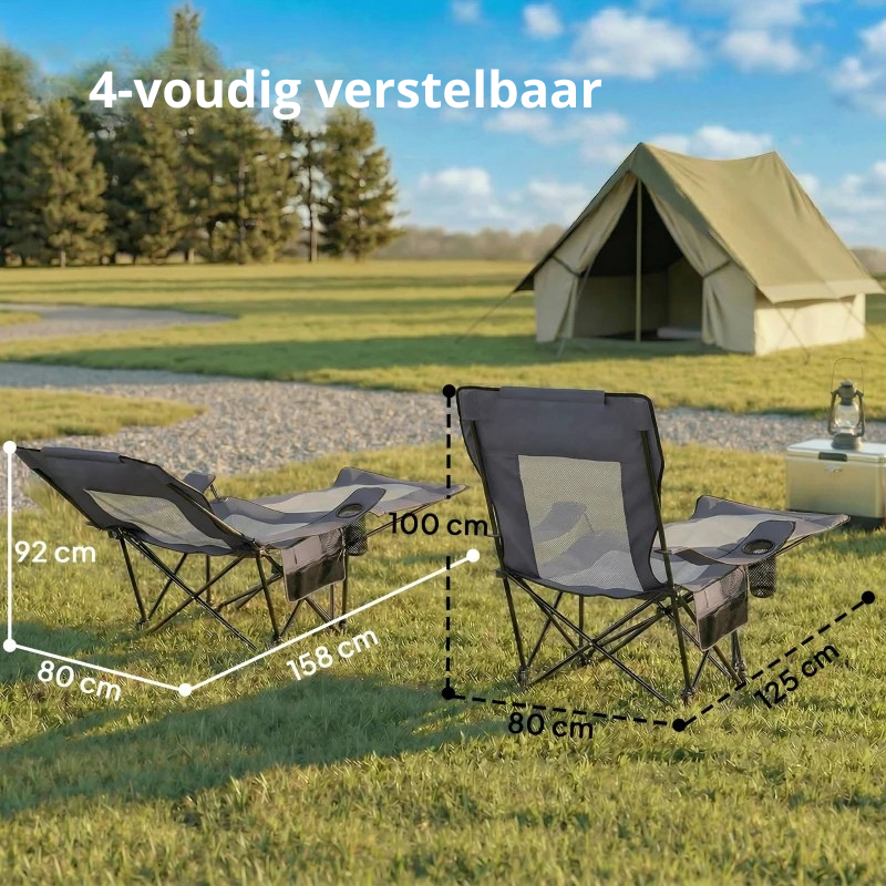 Nancy's Soliera Kampeerstoelen - Set van 2 - Campingstoelen - 4 Ligstanden - Opvouwbaar - Grijs / Zwart