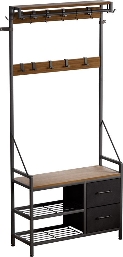 Casamoda Wandgarderobe - Garderoberek - Kapstok met Schoenenrek - Metaal / Hout - Walnoot - 80 x 40 x 180 cm