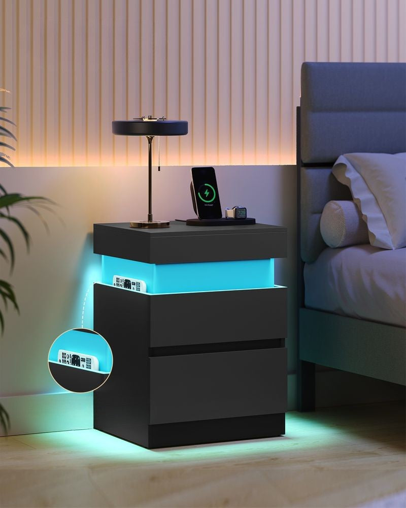 Nancy's Postua Nachtkastjes - Set van 2 - Oplaadstation - LED-Verlichting - Zwart - ± 40 x 35 x 55 cm