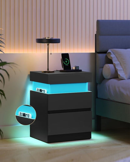 Nancy's Postua Nachtkastjes - Set van 2 - Oplaadstation - LED-Verlichting - Zwart - ± 40 x 35 x 55 cm