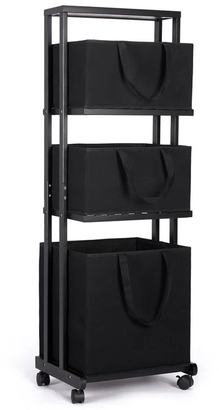 Nancy's Eleganca Wassorteerder 3 Vakken - Wasmand - Met Wieltjes - Zwart - Bamboe - ± 40 x 35 x 120 cm