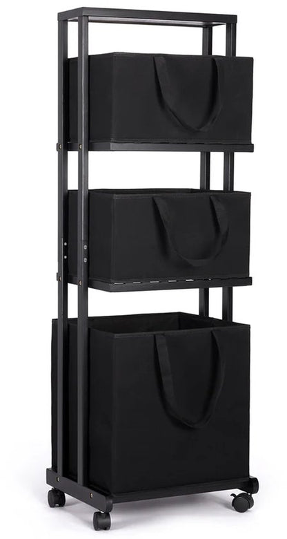 Nancy's Eleganca Wassorteerder 3 Vakken - Wasmand - Met Wieltjes - Zwart - Bamboe - ± 40 x 35 x 120 cm