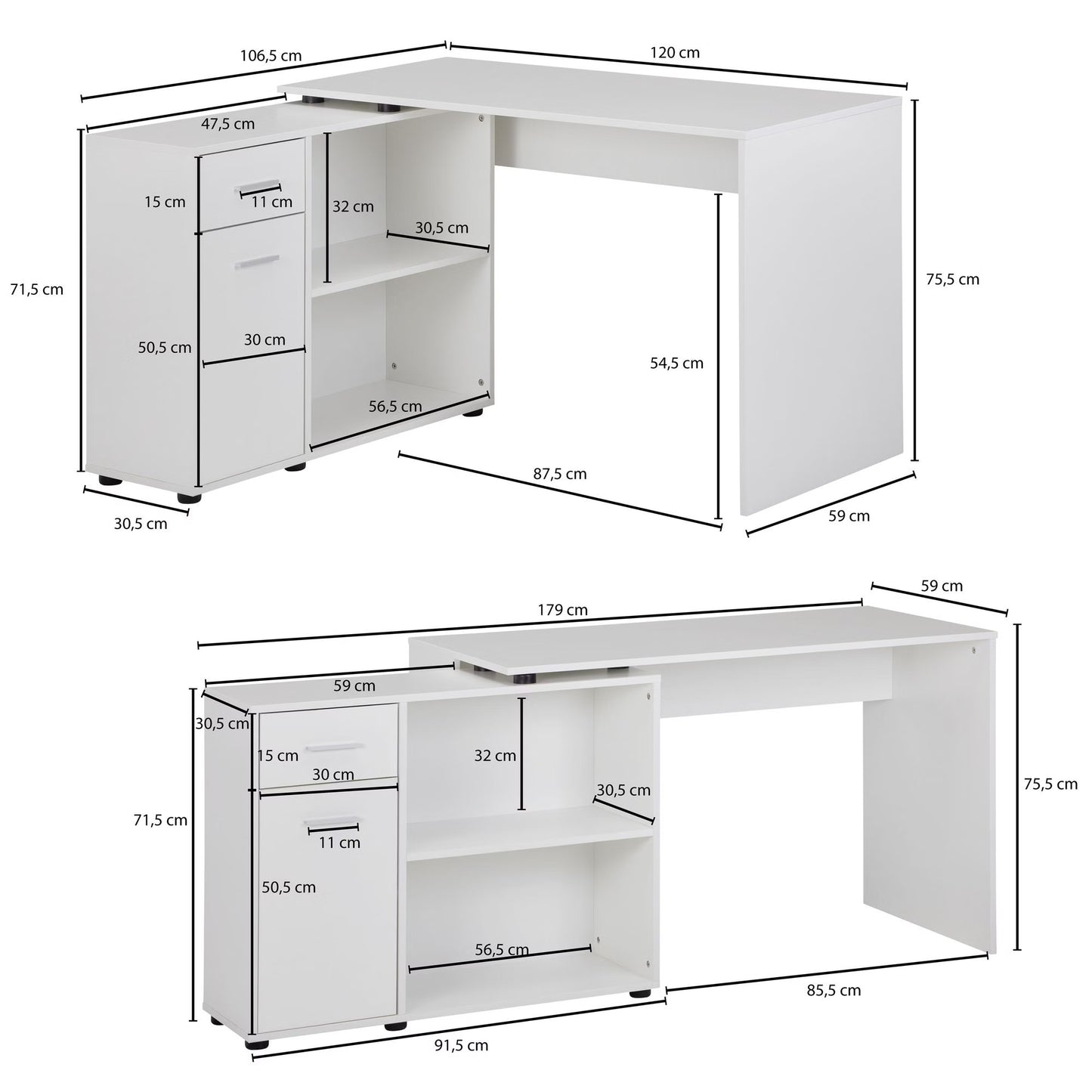 Nancy's Premia Bureau met opbergruimte - Computertafel - Hoekbureau - Wit - ± 120 x 105 x 75 cm