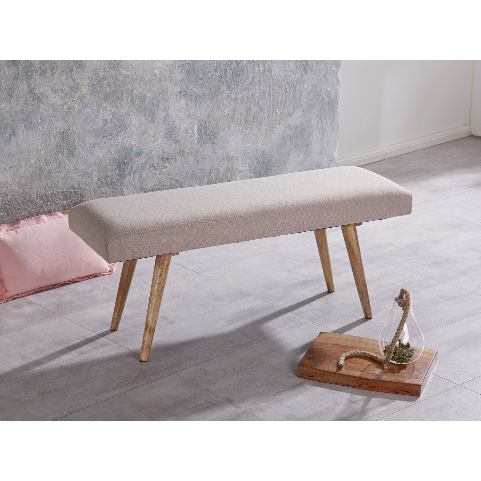 Nancy's Herkimer Bankje - Zitbank - Gangbank - Massief Mangohout - Gestoffeerde Bank - Eetkamerbank - Beige - ± 120 x 40 x 50 cm