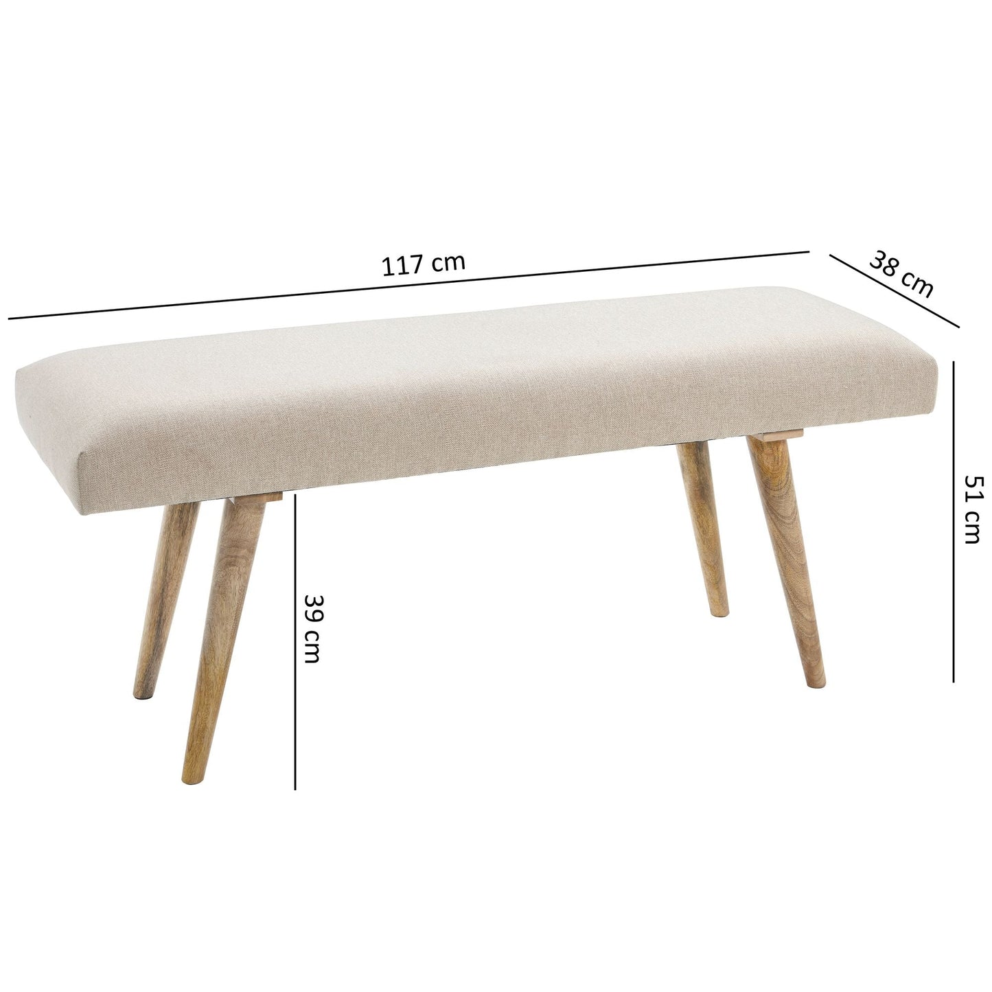 Nancy's Herkimer Bankje - Zitbank - Gangbank - Massief Mangohout - Gestoffeerde Bank - Eetkamerbank - Beige - ± 120 x 40 x 50 cm