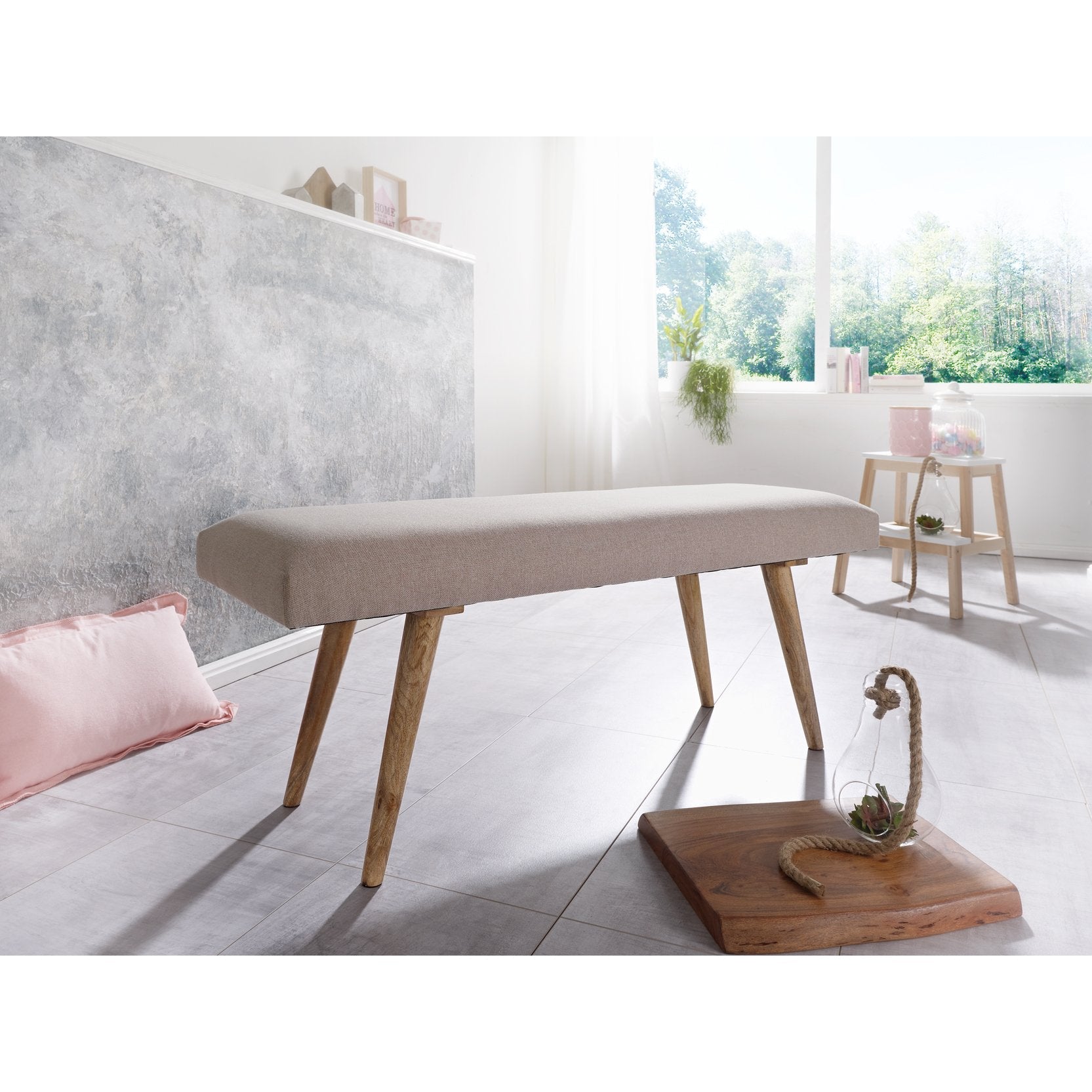 Nancy's Herkimer Bankje - Zitbank - Gangbank - Massief Mangohout - Gestoffeerde Bank - Eetkamerbank - Beige - ± 120 x 40 x 50 cm
