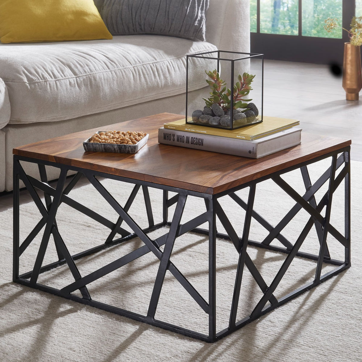 Nancy's Usseglio Salontafel - Koffietafel - Massief Sheeshamhout / Staal - 60 x 60 x 35 cm