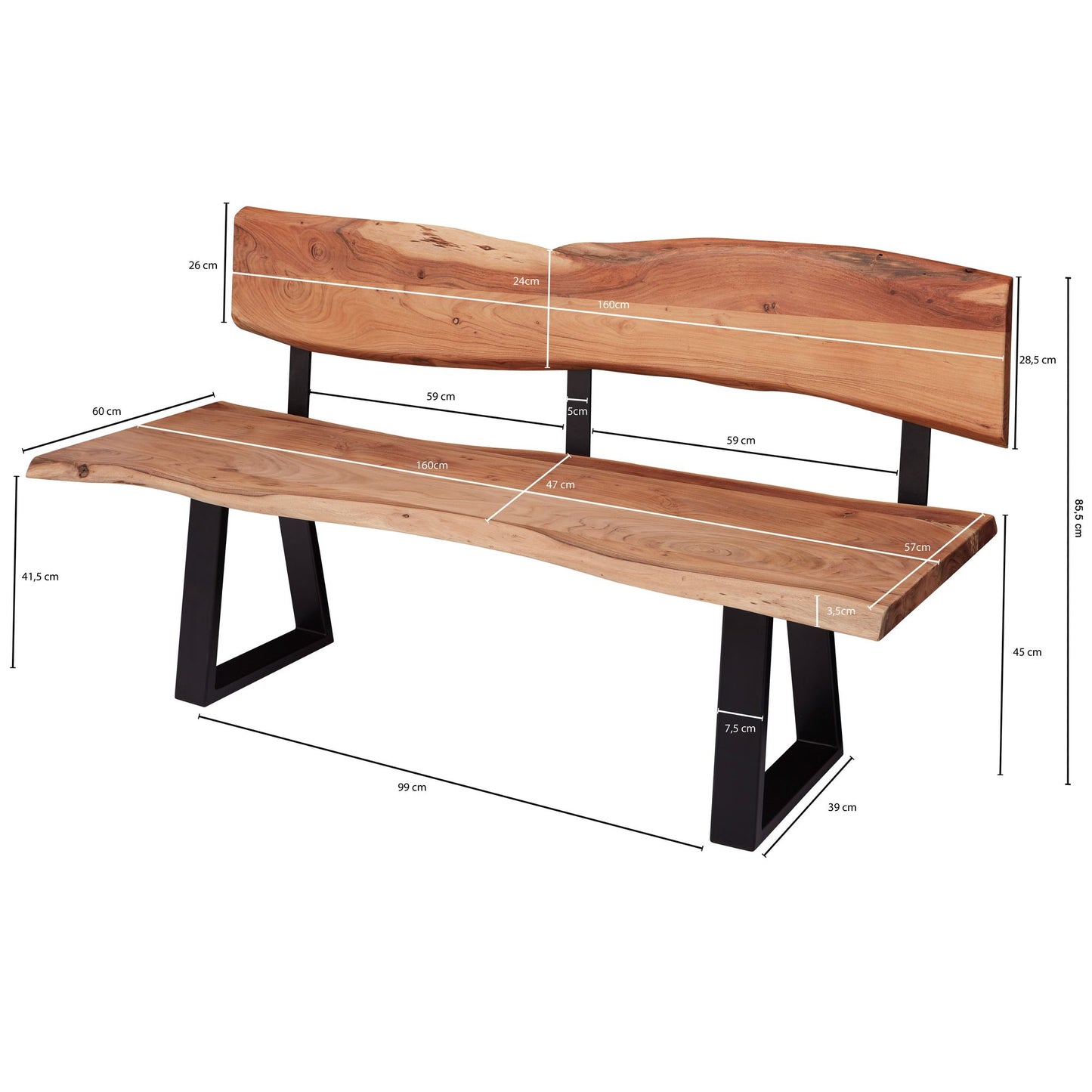 Nancy's Olney Eetkamerbank - Keukenbank - Zitbank - Bankje - Acaciahout - ± 160 x 60 x 85 cm