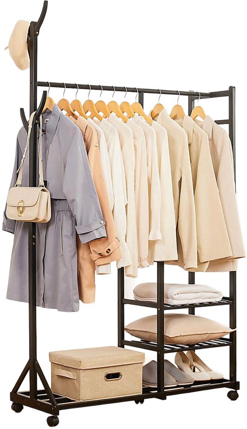 Eleganca Kledingrek op Wieltjes - Garderoberek - Garderobekast - Bamboe - Zwart - 100 x 38 x 176 cm