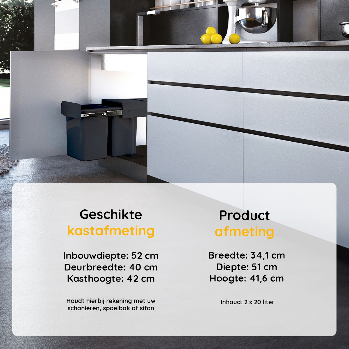 Eleganca Inbouw prullenbak - 2x20 Liter - Inbouw vuilnisbak - Prullenbakken afval scheiden