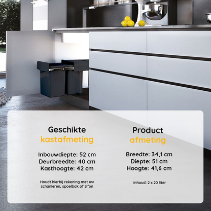 Eleganca Inbouw prullenbak - 2x20 Liter - Inbouw vuilnisbak - Prullenbakken afval scheiden