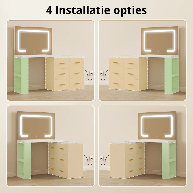 Nancy's Omegna Make Up Tafel - Kaptafel - LED-Spiegel - Met stopcontact en USB-aansluiting - Wit - ± 120 x 80 x 135 cm