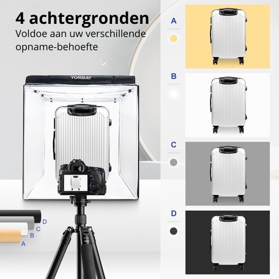 Yorbay Fotobox Fotostudio Met Dimbare LED-verlichting - 4 Achtergrondfolies - Zwart - 80 x 80 x 80cm