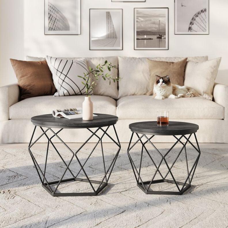 Nancy's Otley Salontafel Set Zwart - Bijzettafel - Staal - Spaanplaat - Modern - 50 x 40 cm Ø x H + 40 x 36 cm Ø x H