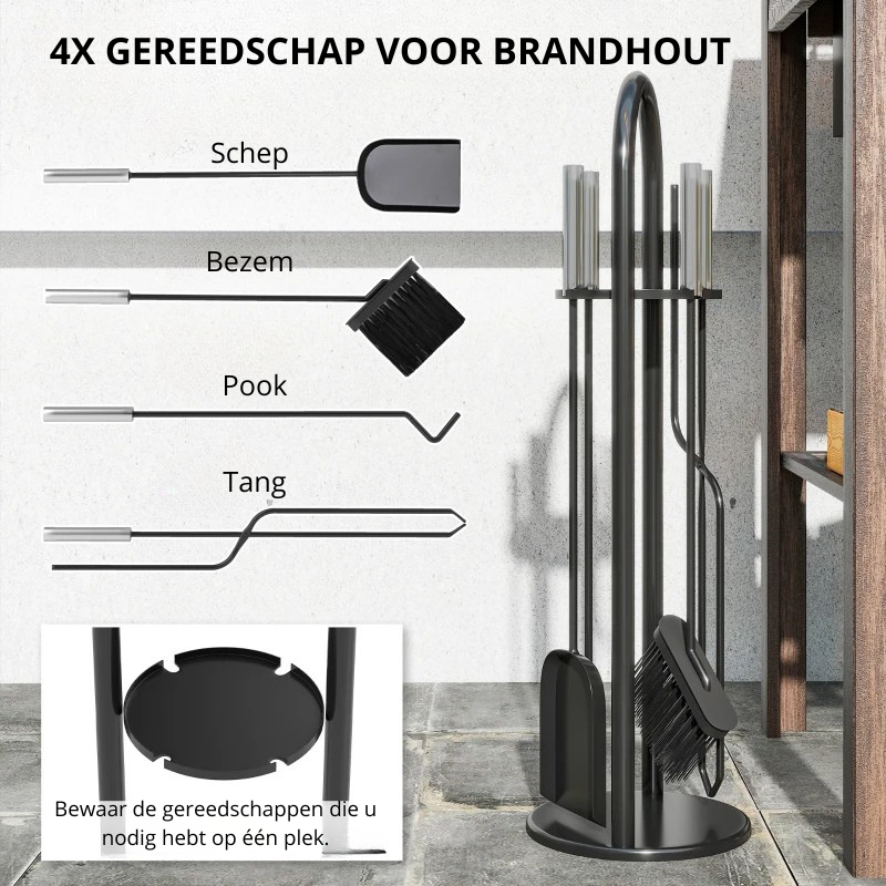 Nancy's Moscufo Haardgereedschapsset - Schoorsteenpookset - Openhaardset - Haardgereedschap - Zilver / Zwart