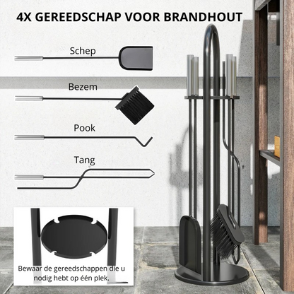 Nancy's Moscufo Haardgereedschapsset - Schoorsteenpookset - Openhaardset - Haardgereedschap - Zilver / Zwart