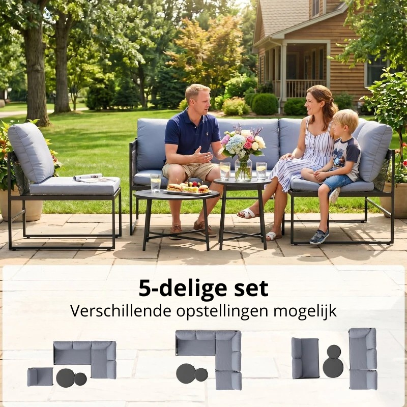 Nancy's Sorrento Loungeset - 5-Delige Tuinmeubelset - Lounge Set - Tuin Set - Grijs / Zwart