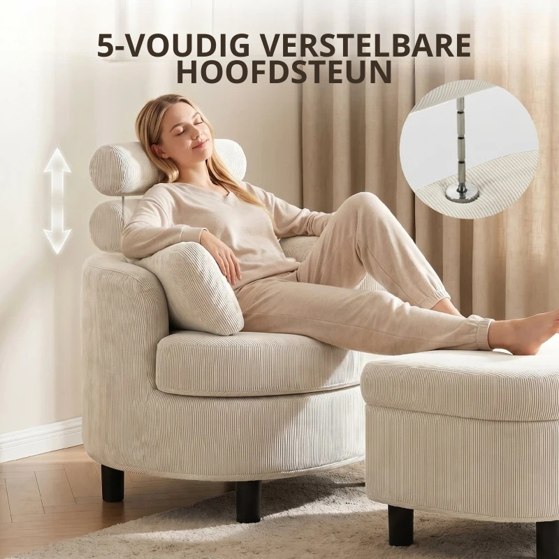 Nancy's Terenten Lounge Fauteuil - Relaxfauteuil - Loungestoel - Inclusief Voetenbankje - Verstelbaar - Crèmewit - Corduroy look