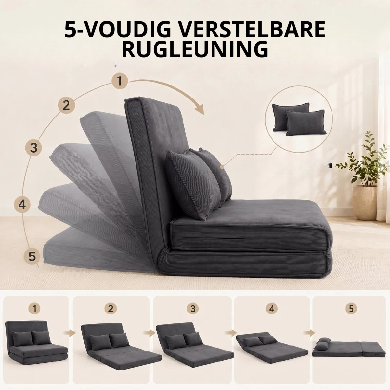 Nancy's Tavullia Slaapbank - Vloersofa - Verstelbare rugleuning - Donkergrijs - Corduroy