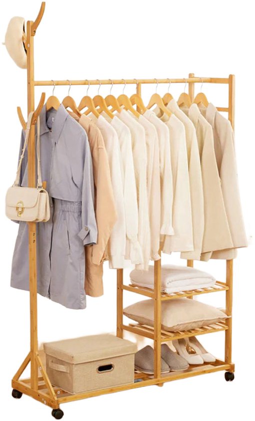 Eleganca Kledingrek op Wieltjes - Garderoberek - Garderobekast - Bamboe - 100 x 38 x 176 cm