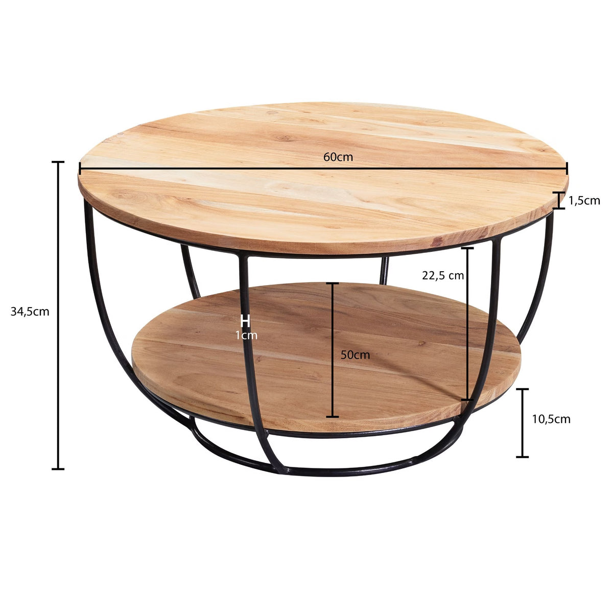 Nancy's Trofarello Salontafel - Koffietafel - Bijzettafel - Rond - Massief Acaciahout / Staal - ± 60 x 60 x 35 cm