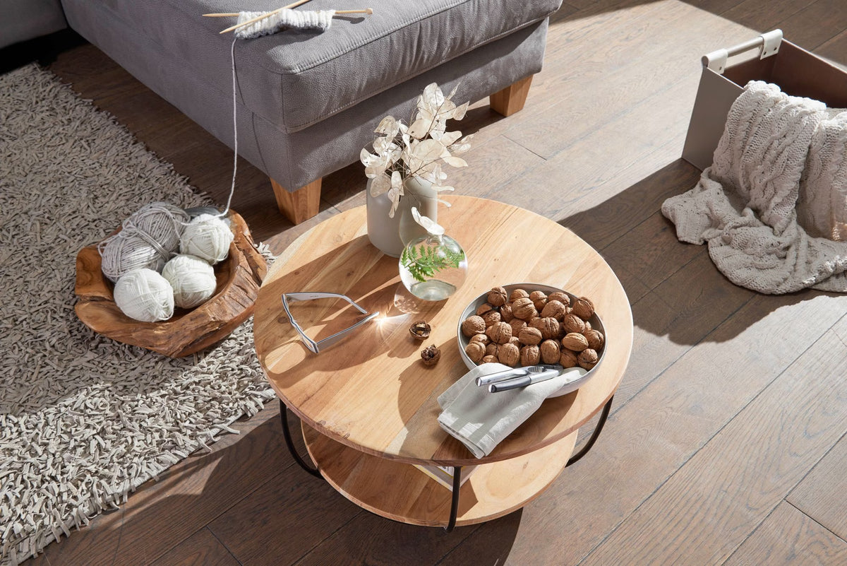 Nancy's Trofarello Salontafel - Koffietafel - Bijzettafel - Rond - Massief Acaciahout / Staal - ± 60 x 60 x 35 cm