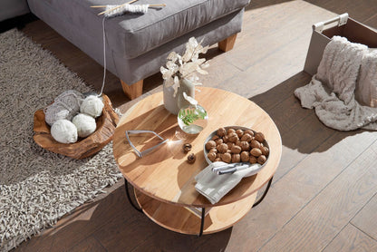 Nancy's Trofarello Salontafel - Koffietafel - Bijzettafel - Rond - Massief Acaciahout / Staal - ± 60 x 60 x 35 cm