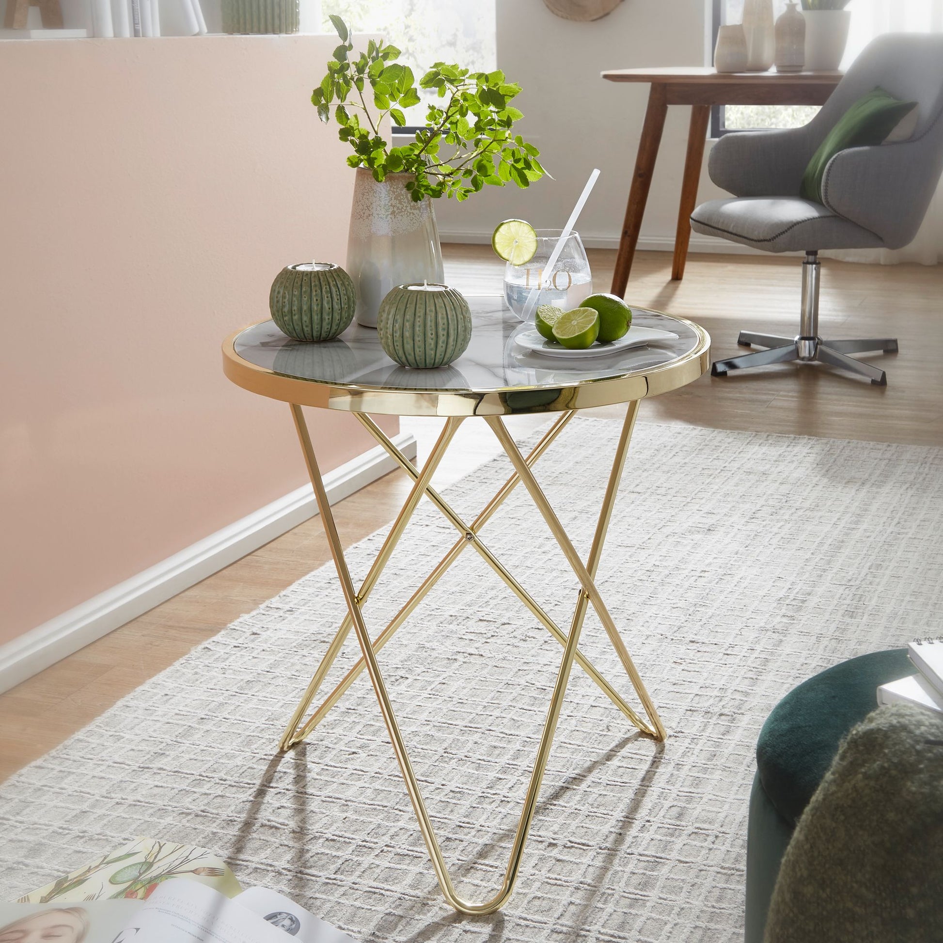 Nancy's Burara Bijzettafel - Salontafel - Wit / Goud - Marmerlook / Staal - Ø 55 x 57 cm