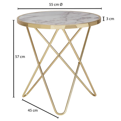 Nancy's Burara Bijzettafel - Salontafel - Wit / Goud - Marmerlook / Staal - Ø 55 x 57 cm