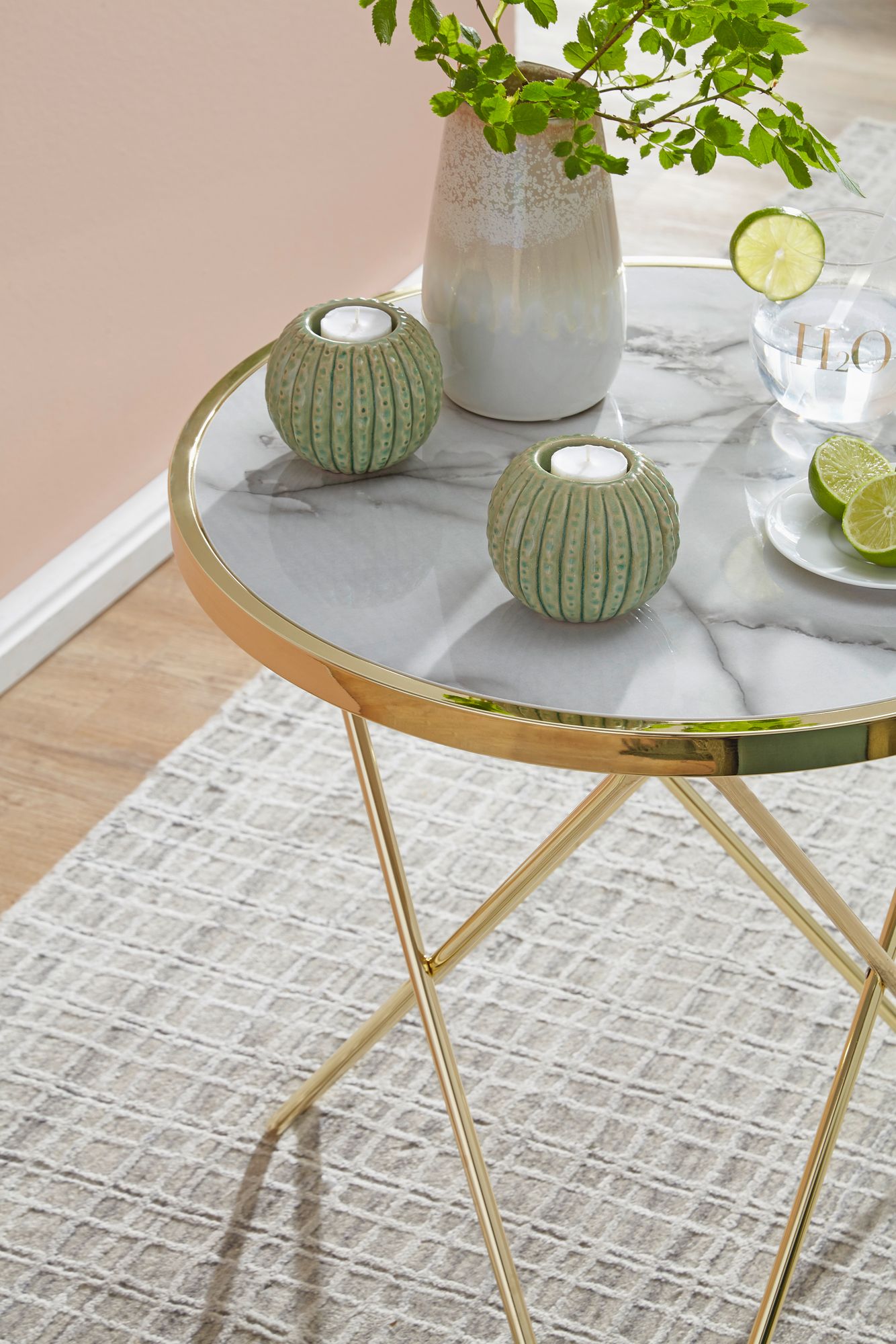Nancy's Burara Bijzettafel - Salontafel - Wit / Goud - Marmerlook / Staal - Ø 55 x 57 cm